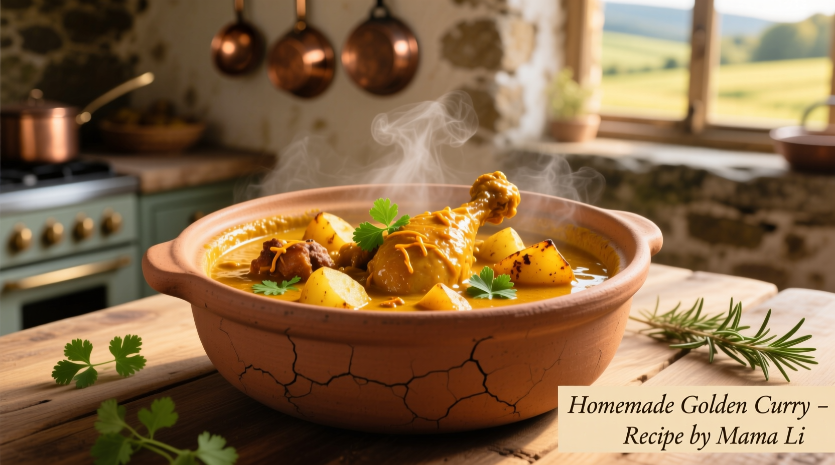 Golden chicken and potato curry in clay pot