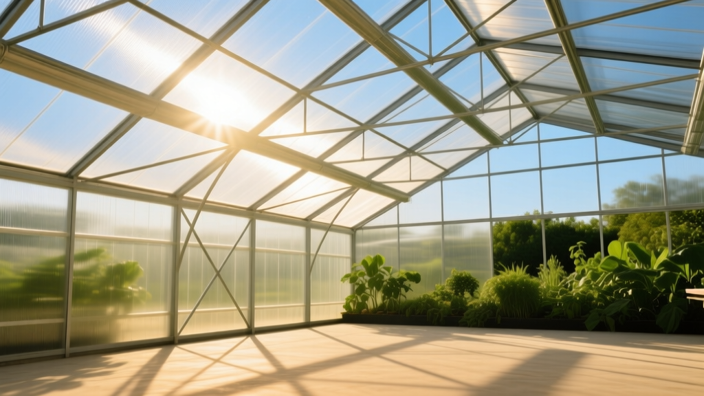 Sunlight filtering through multiwall polycarbonate roofing panels on a modern greenhouse, highlighting translucent structural ribs