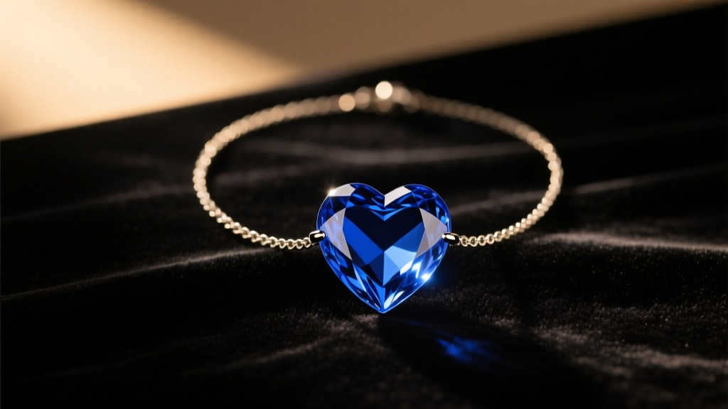 Cobalt blue glass heart necklace resting on dark velvet, lit by warm directional studio light to clearly show surface reflections.