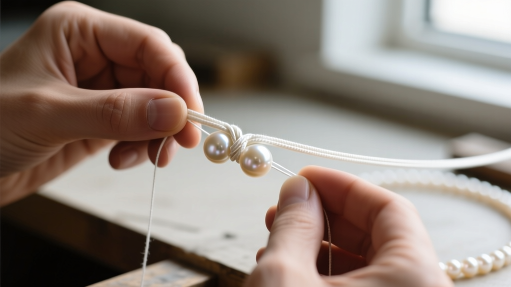 Jeweler restringing a pearl choker with white silk thread, showing a tight half-hitch knot tied between two cream-colored pearls.