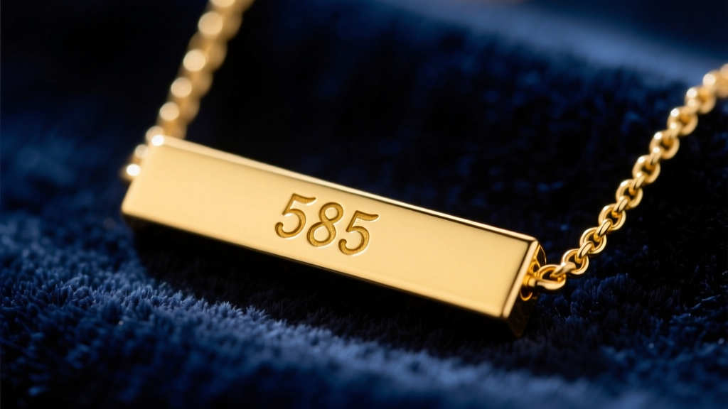 Macro shot of a 14k yellow gold bar necklace showing the stamped 585 hallmark on the pendant bail against dark navy velvet
