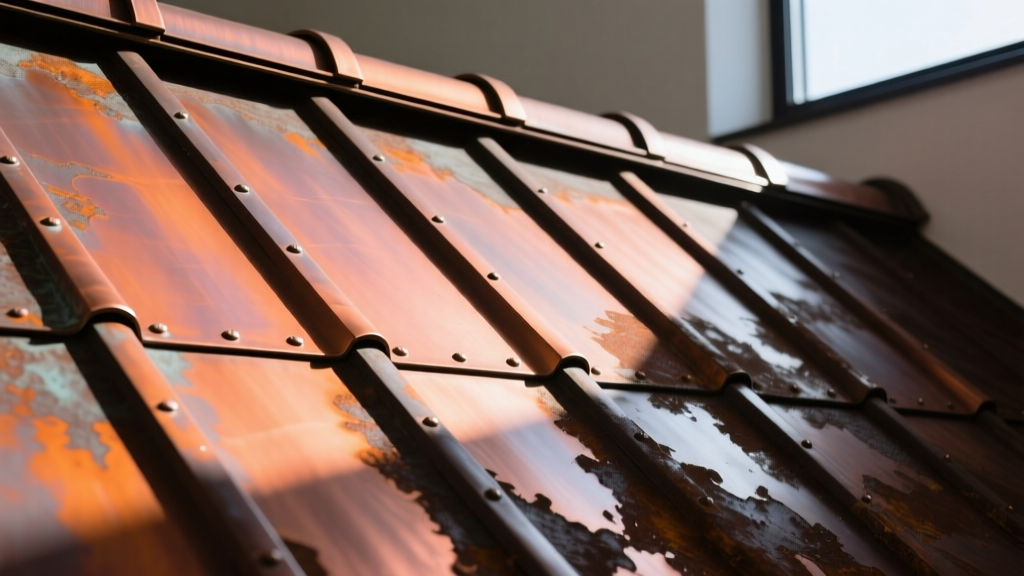 Close-up of standing seam copper roof transitioning from bright salmon to dark brown patina with precise double-locked seams.