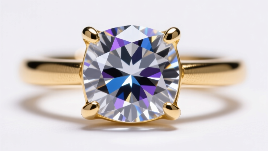 Extreme macro close-up of a brilliant-cut cubic zirconia stone set in a gold-plated brass bezel, showing precise facet alignment