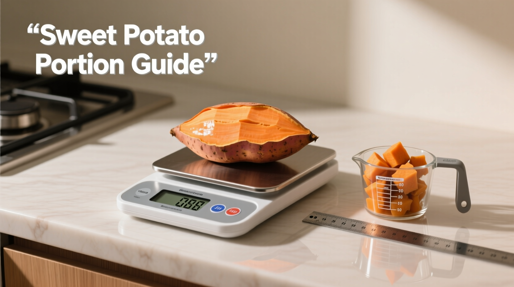 Measuring sweet potato portions with scale and visual references