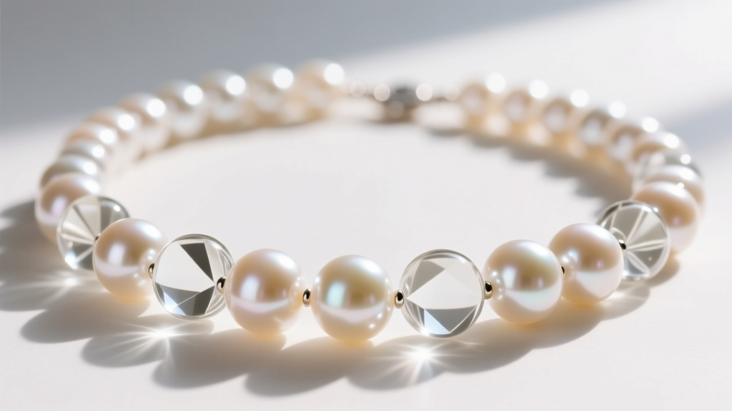 Macro shot of a high-end bubble necklace alternating luminous freshwater pearls and polished clear borosilicate glass orbs