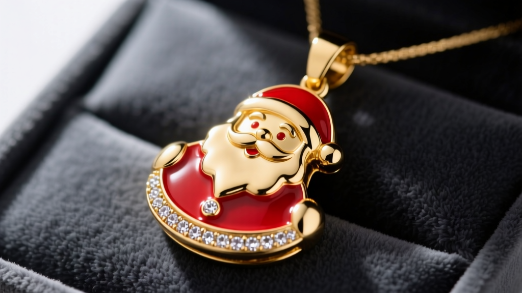 Macro shot of a gold Santa pendant with vibrant red vitreous enamel and micro-pave diamond trim resting on dark grey velvet.