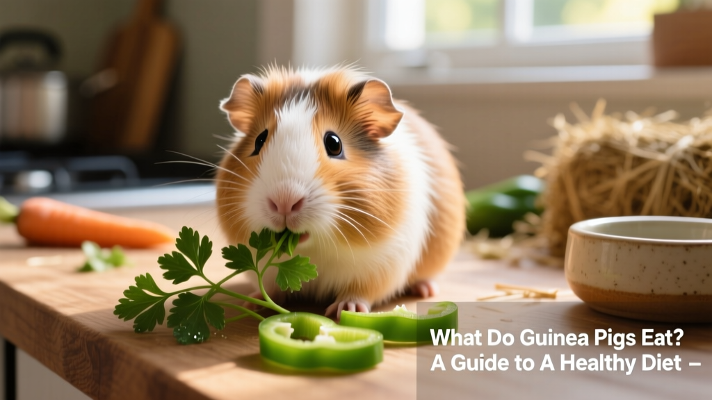 Close-up of a guinea pig nibbling fresh parsley and green bell pepper strips