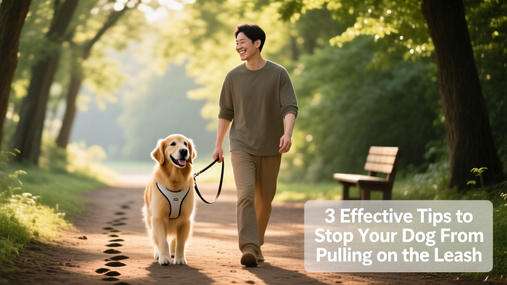 Happy dog and owner strolling side-by-side on a tree-lined path, both relaxed and smiling