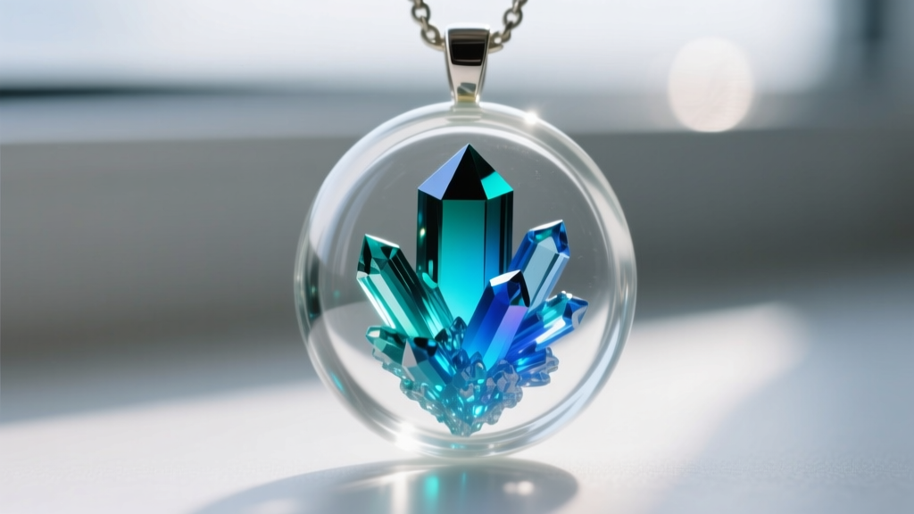 Macro shot of thermochromic crystals inside a glass cabochon pendant, showing a gradient shift from teal to bright cyan blue.