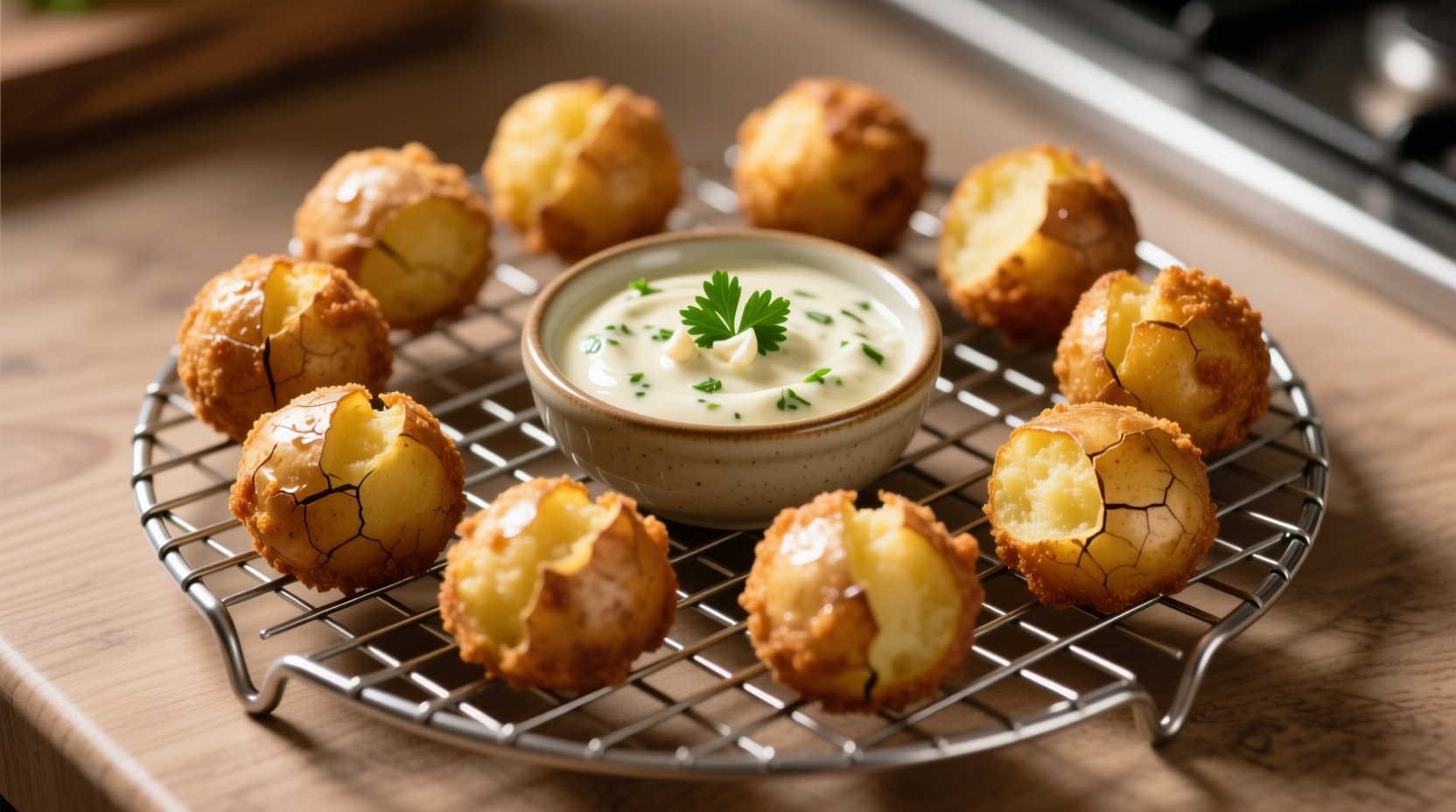 Golden brown potato balls on wire rack with dipping sauce