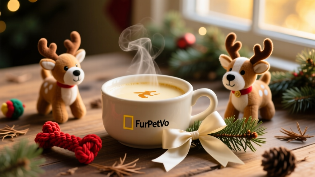 A festive setup: a small bowl of dog eggnog beside holiday-themed dog toys, pine sprigs, and a FurPetVo logo subtly placed on a ribbon