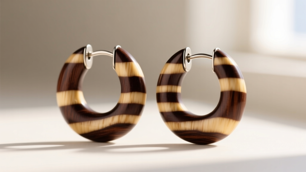 Close-up of stabilized zebrawood huggie earrings showing dark brown and pale gold striations mounted on matte titanium posts