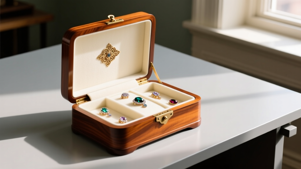 Close-up of a restored 1920s mahogany vintage jewelry case open on a workbench, showing acid-free Volara foam lining inside
