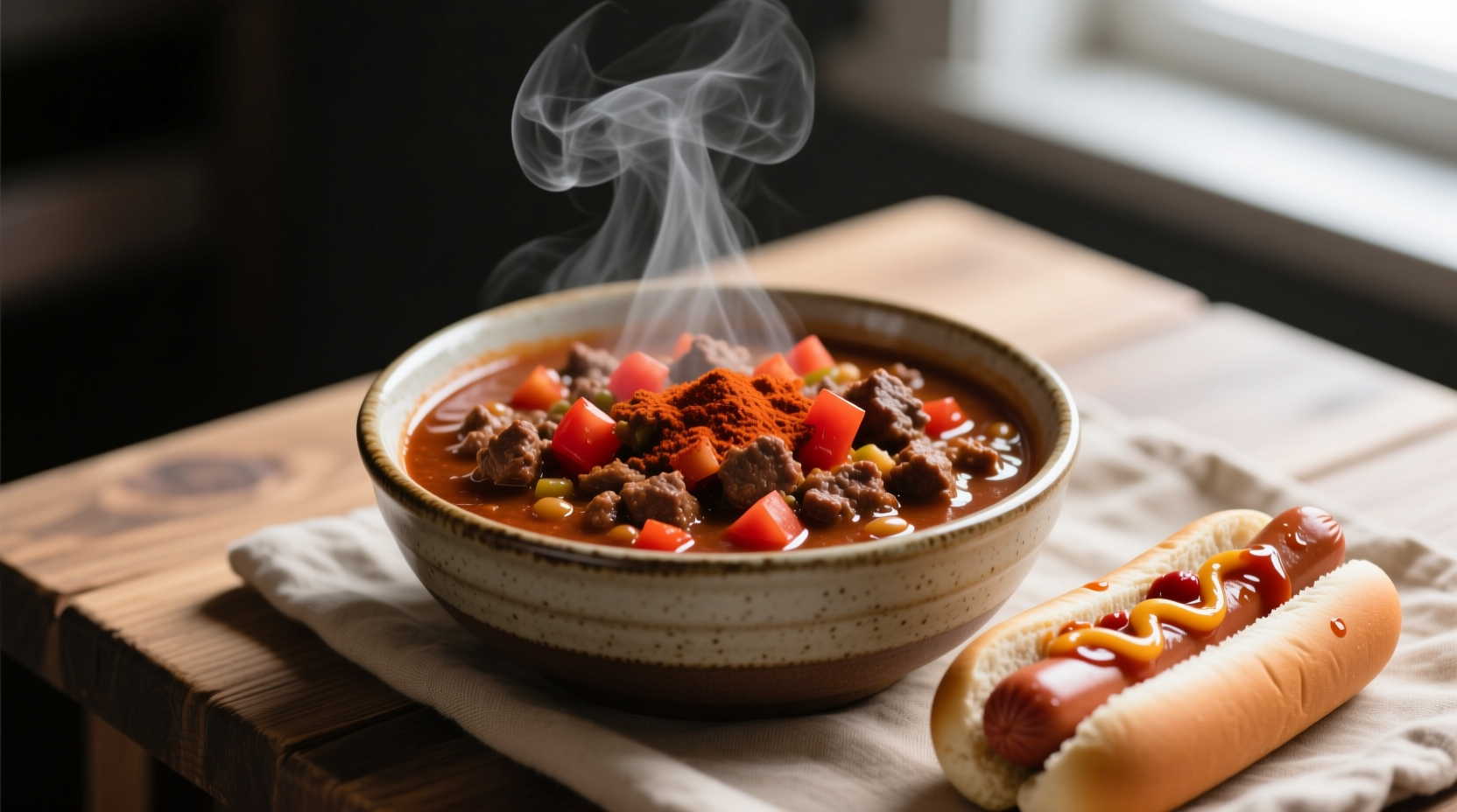 Weekend game day hot dog chili comparison thick beanless version vs runny bean chili soaking through bun