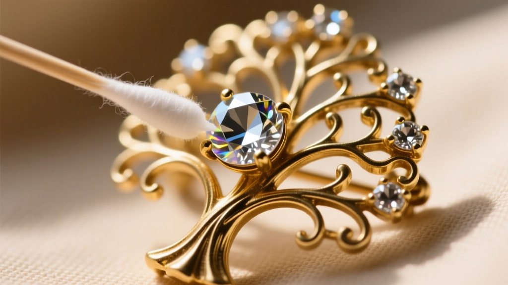 Macro shot of a cotton swab gently cleaning a prong-set glass chaton rhinestone on a gold-plated pot metal vintage tree brooch.