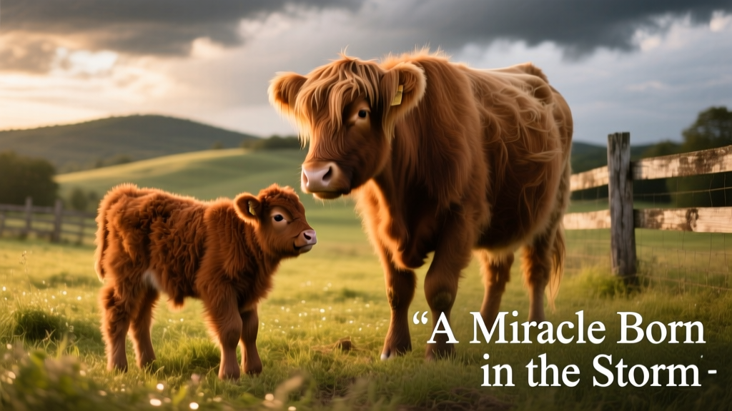 A fluffy, rust-colored Highland calf standing beside its calm, attentive mother on a grassy farm pasture