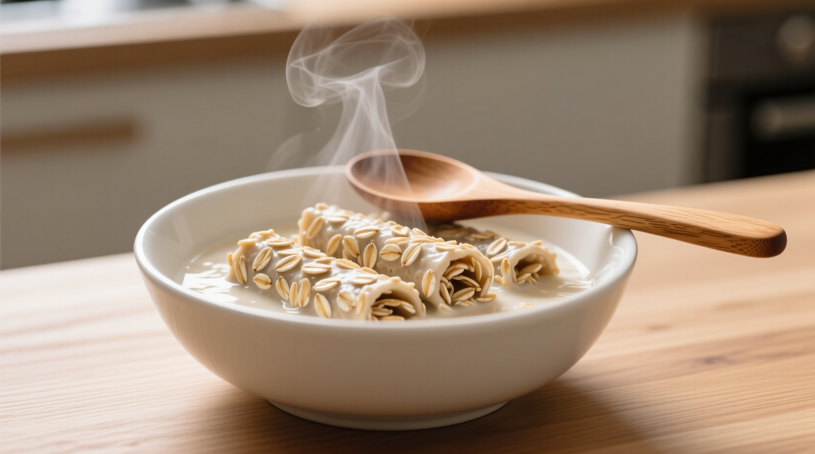 Perfectly cooked rolled oats in white bowl with wooden spoon