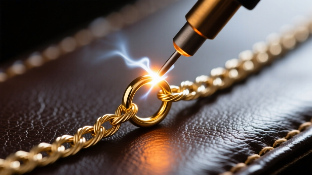 Close-up of a glowing micro-welder tip fusing a 14k gold jump ring on a delicate cable chain on a dark leather jeweler's bench.