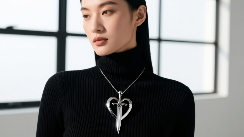 Model in a turtleneck wearing a steel heart and sword necklace, the sharp pendant resting against the dark ribbed knit sweater.
