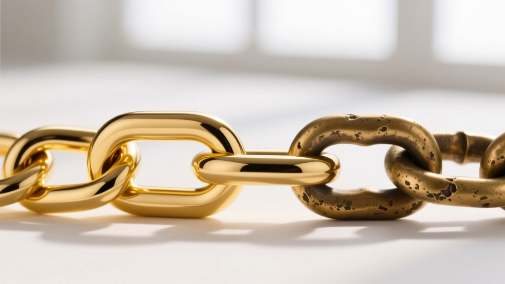 Close-up macro photography of a 14k yellow gold-filled chain link next to a raw brass chain link, highlighting color differences.