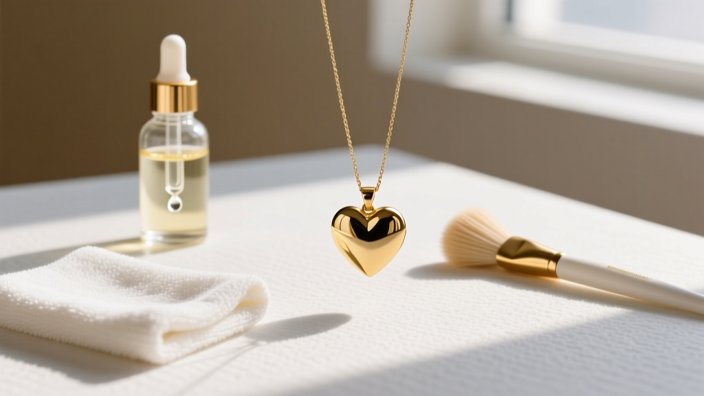 Flat lay of jewelry care supplies including a microfiber cloth, mild dish soap, a soft brush, and a gold vermeil heart pendant