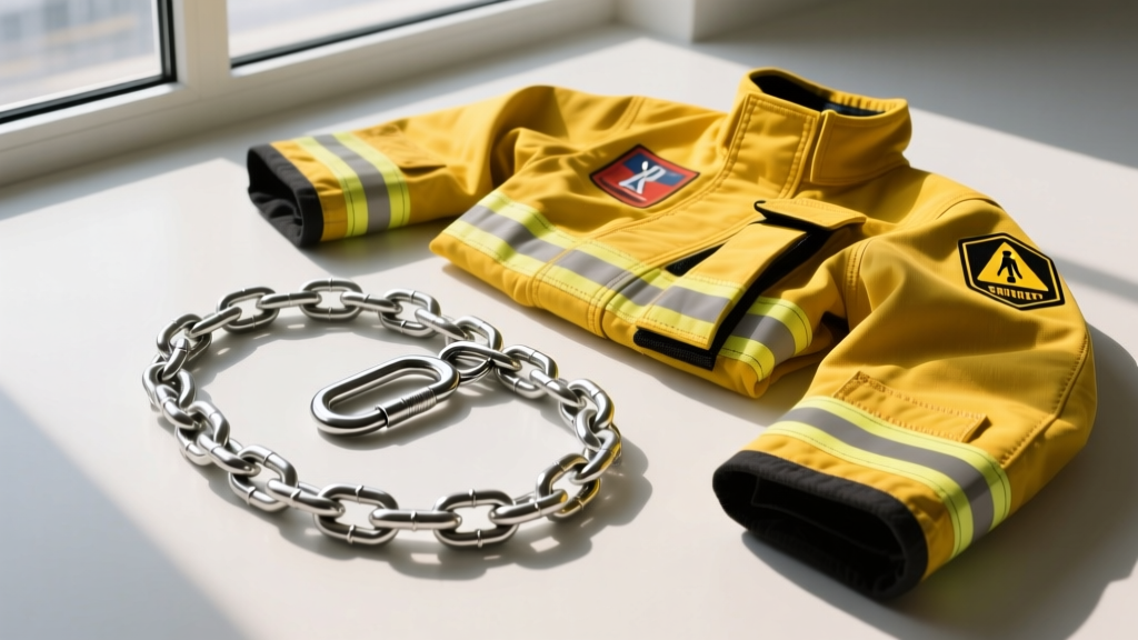 Heavy-duty stainless steel wheat chain with a magnetic breakaway clasp laid flat next to a set of yellow firefighter turnout gear