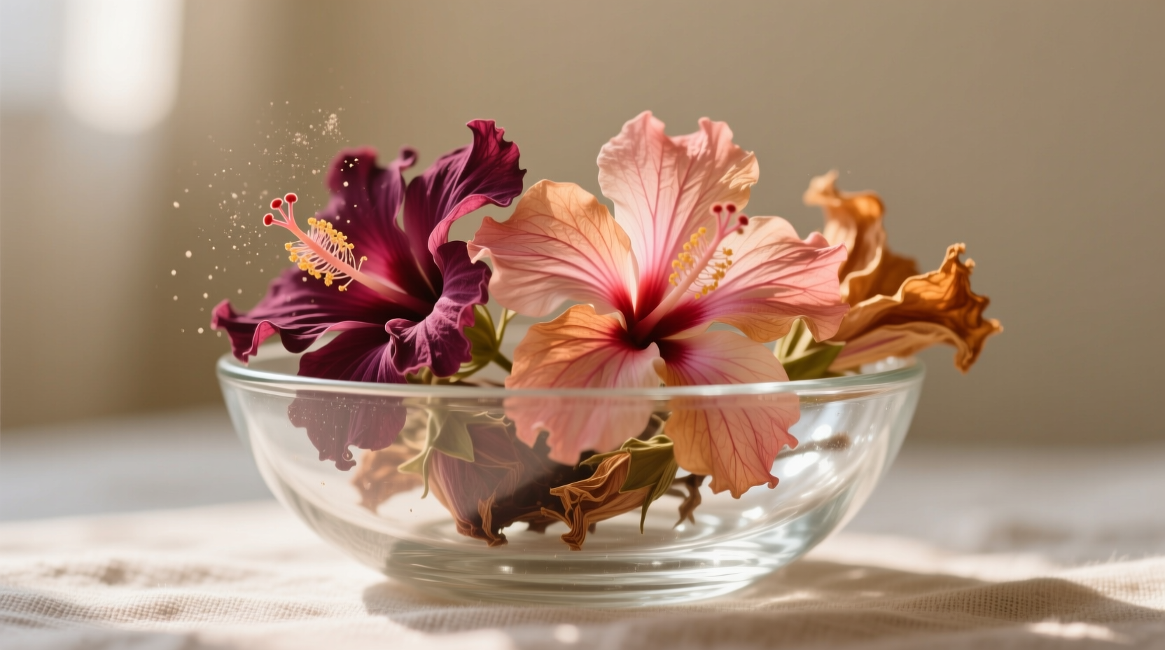 Dried hibiscus flowers in a glass bowl