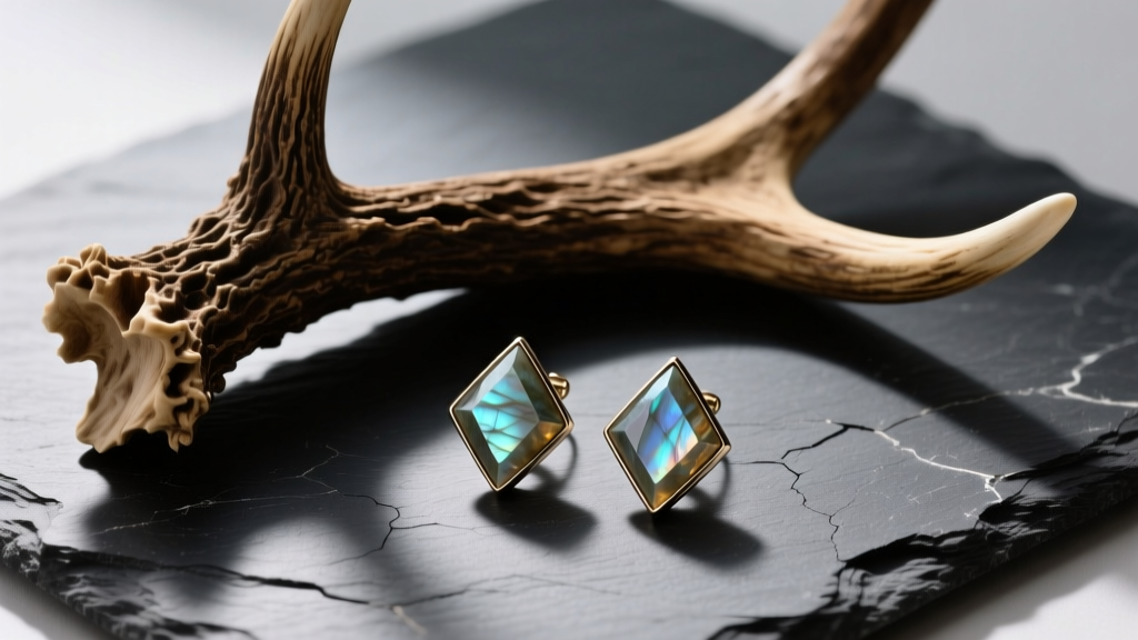 Flat lay of carved caribou antler and labradorite North of North earrings on dark slate, bathed in soft, cool-toned morning light