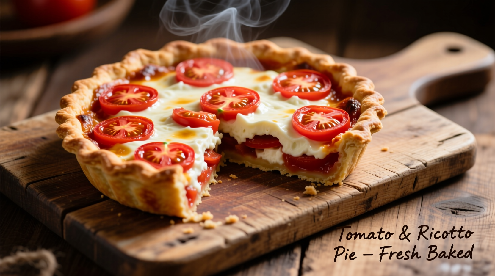 Fresh tomato pie with ricotta on wooden cutting board
