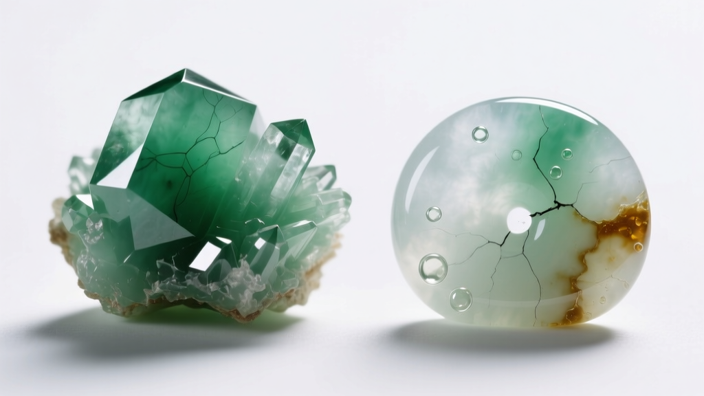Macro view of untreated Type A jadeite showing natural texture next to cloudy, resin-filled Type B jade under bright lighting.