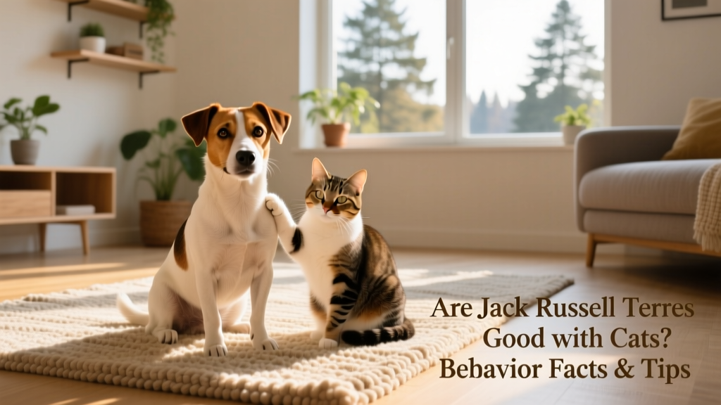 A Jack Russell Terrier and a domestic cat sitting calmly side by side on a sunlit rug
