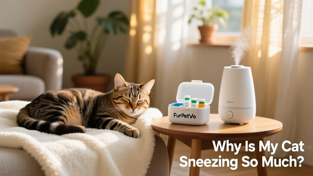 Cat calmly resting on a soft blanket beside a FurPetVo-branded medication organizer and humidifier