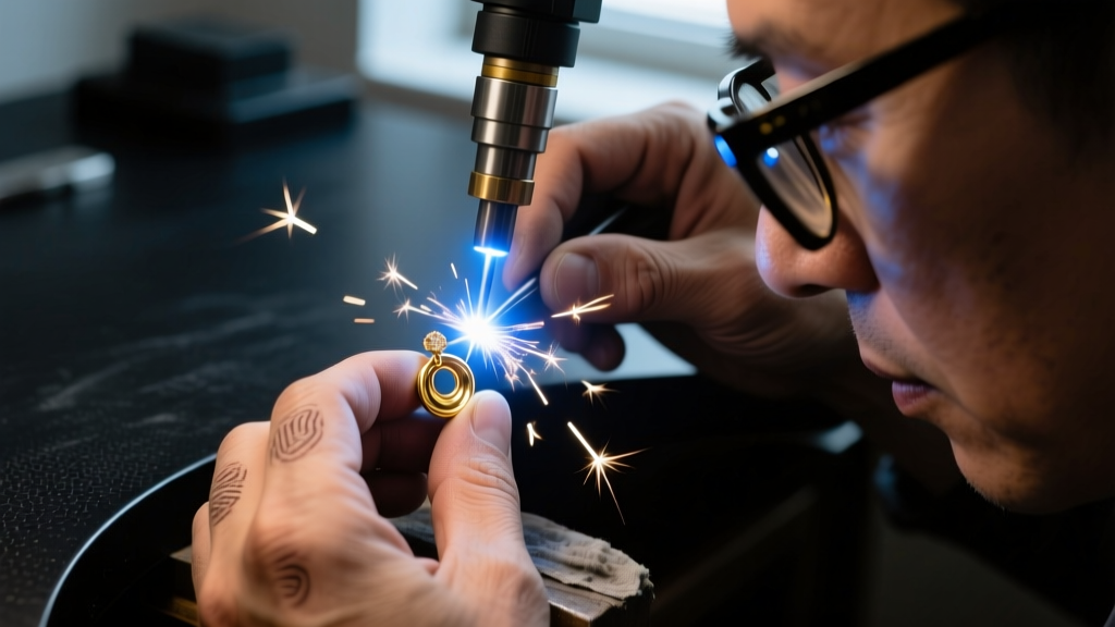 Jeweler hands using a laser welder to repair a snapped 14k gold earring post, bright sparks illuminating the dark workbench.