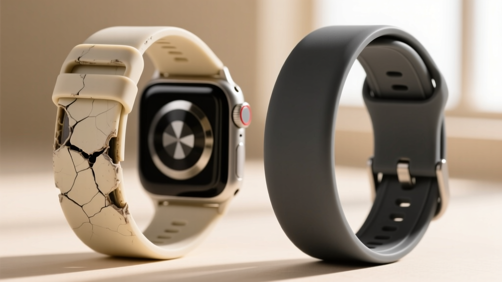 Macro photography comparing a degraded silicone watch band with micro-tears next to a pristine dark grey FKM fluoroelastomer sport band