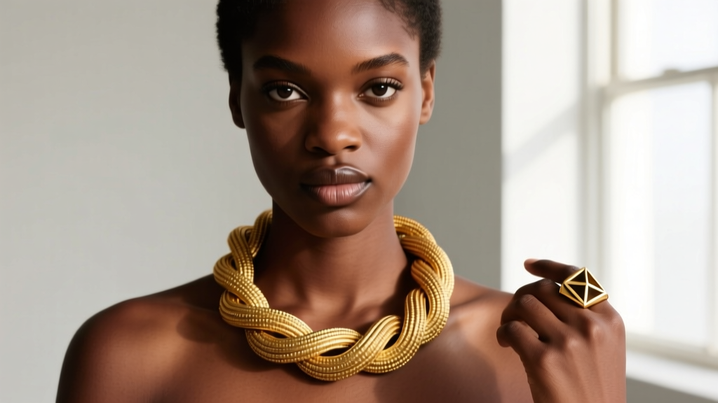 Front portrait of a model wearing an 18k gold Fulani-inspired twisted torque necklace and a matching geometric gold signet ring.