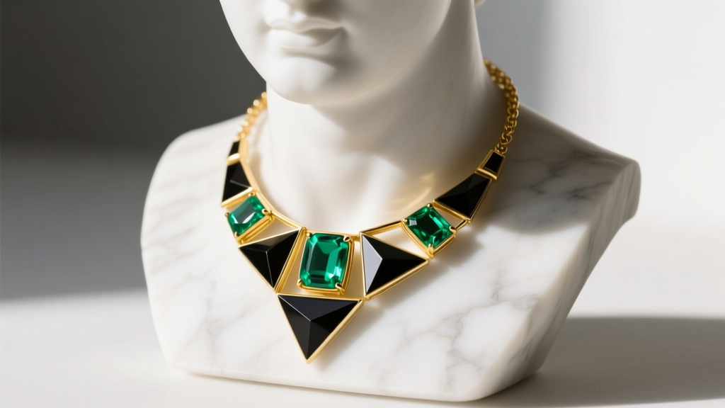 Bold geometric 18k yellow gold necklace featuring cabochon emeralds and black onyx triangles resting on a white marble bust.