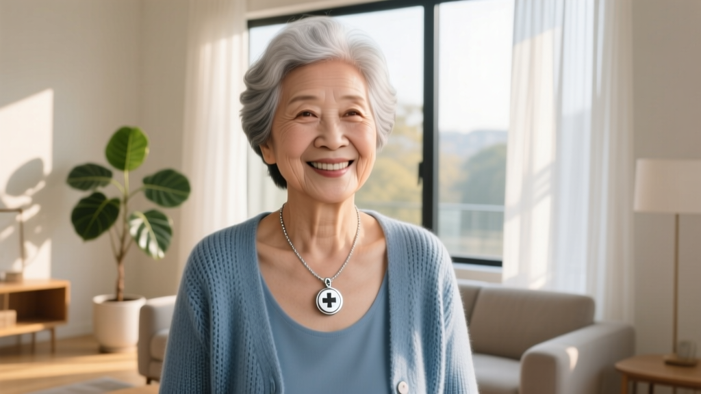 Senior woman wearing a pristine stainless steel medical alert necklace over a soft blue cardigan, smiling in a sunlit living room