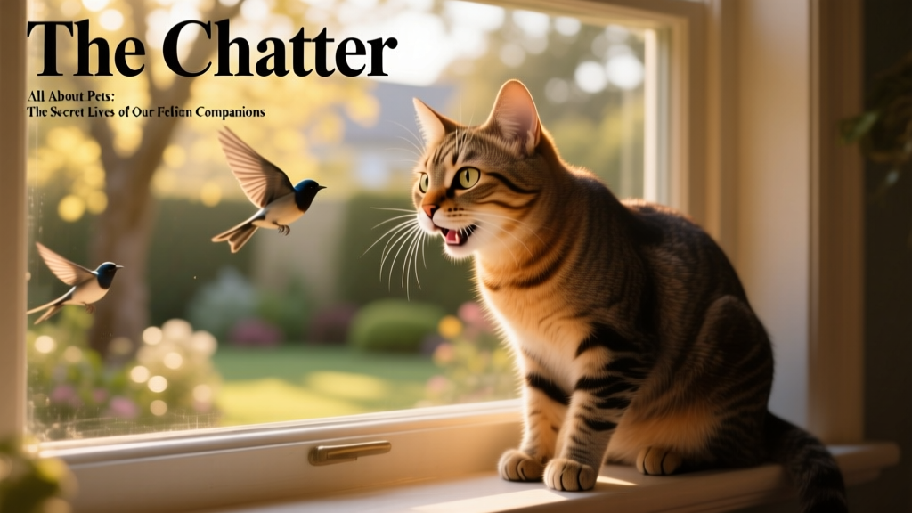 A close-up of a cat watching birds outside a window, mouth slightly open in a 'chatter'