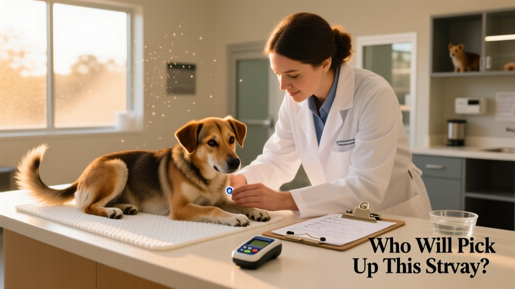 A shelter staff member gently scanning a calm stray dog for a microchip at a clean, well-lit intake desk