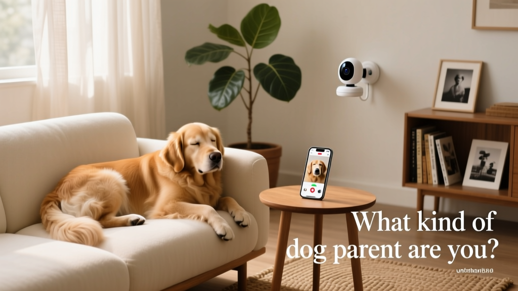 A serene indoor scene showing a dog resting comfortably on a sofa while a smartphone displays a live video feed from a pet camera mounted nearby