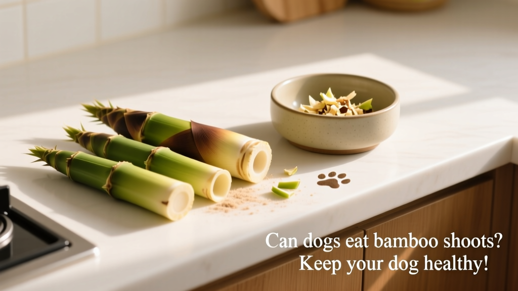 Fresh, peeled bamboo shoots arranged on a clean kitchen counter next to a dog bowl