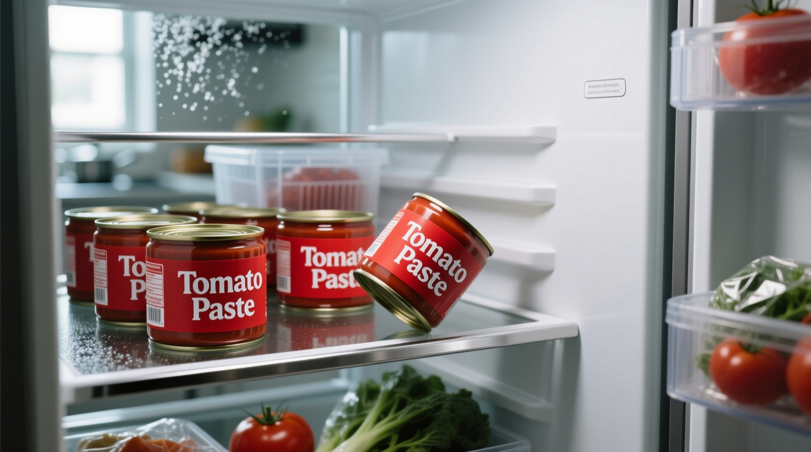 Tomato paste containers in refrigerator
