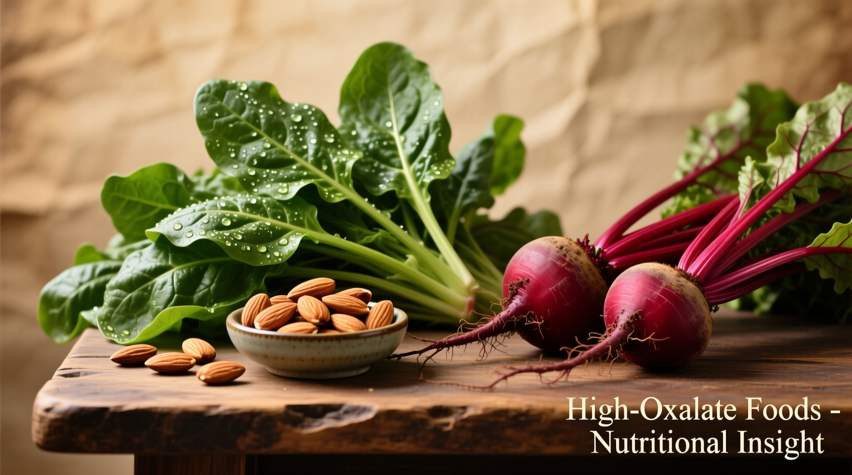 Colorful display of high-oxalate foods including spinach, almonds, and beets