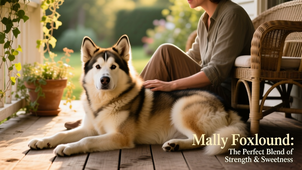 Happy Mally Foxhound resting beside its owner on a porch, illustrating the strong bond and relaxed companionship this breed offers