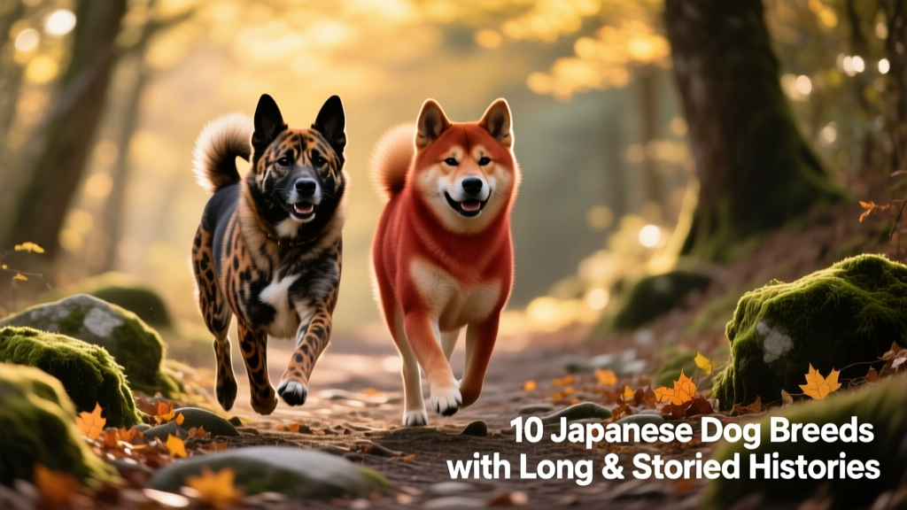 A Kai Ken and a Kishu Ken trotting side-by-side on a forest trail, both displaying their distinctive brindle and solid-colored coats, alert and energetic
