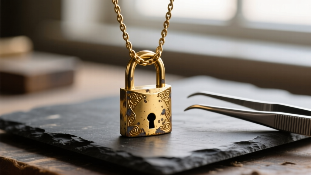 Macro shot of a tarnished 14k gold padlock pendant on a rope chain, resting on a dark slate workbench with precision tweezers