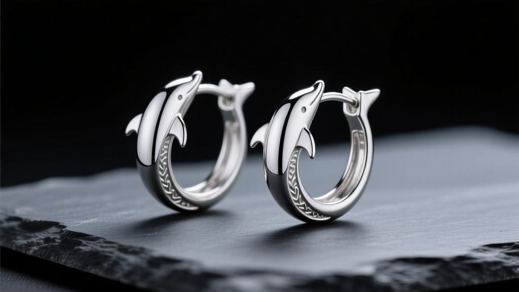 Close-up of sterling silver dolphin hoop earrings resting on dark slate, illuminated by soft directional studio lighting.