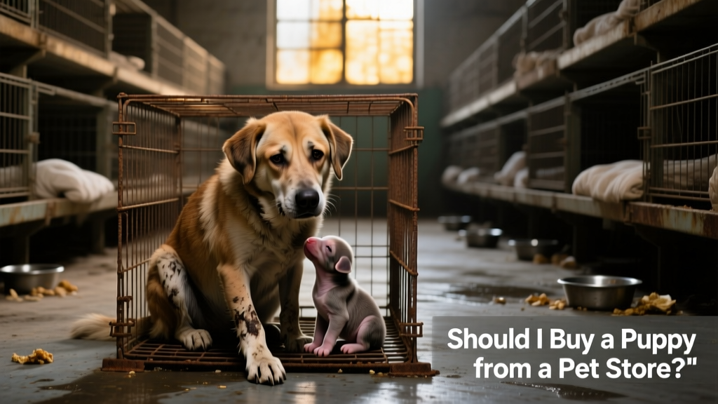 A distressed mother dog confined in a small wire cage inside a dimly lit puppy mill facility