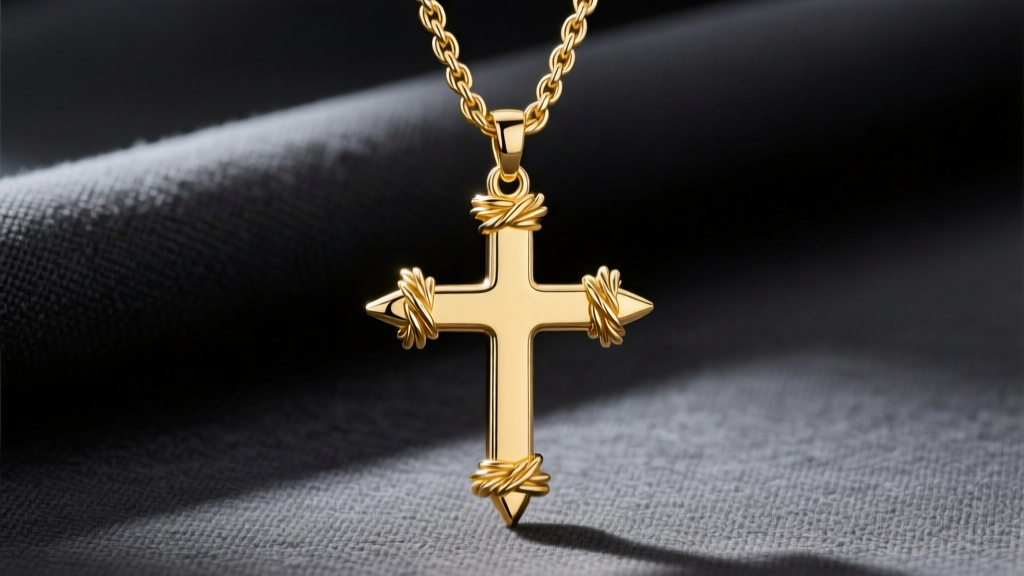 A heavy solid 14k yellow gold cross pendant with wrapped wire nails hanging from a thick 4mm rope chain against charcoal fabric.