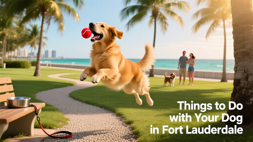 A dog playing fetch in a shaded, well-maintained off-leash park in Fort Lauderdale